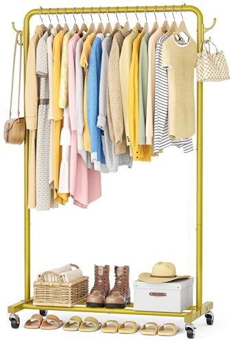 Clothes Rail with 4 Side Hooks, Storage Shelf and Wheels, Metal, Golden | Clothes Rack, Heavy-Duty Clothing Rail Holds Up to 40kg, Clothes Rails for Bedroom, Hallway, Laundry Room