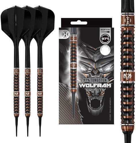 Harrows Wolfram Trinity - Dardos de punta suave de 97% tungsteno con barriles fresados CNC, revestimiento TiN de bronce, tecnología Quick Point, sistema de eje y vuelo integrado solo (18 g, negro