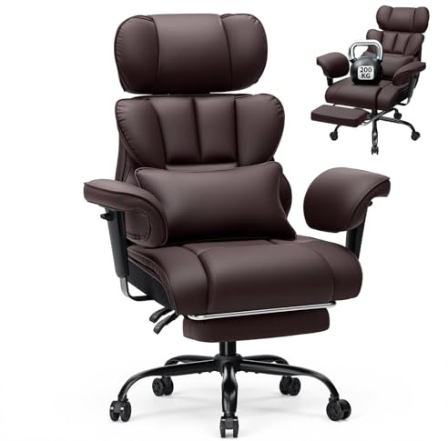 HOFFREE Ergonomischer Bürostuhl für schwergewichtige Personen bis 200kg – PU Leder Chefsessel mit Fußstütze, Hoher Rückenlehne, Verstellbaren Armlehnen und Lendenwirbelstütze in Braun