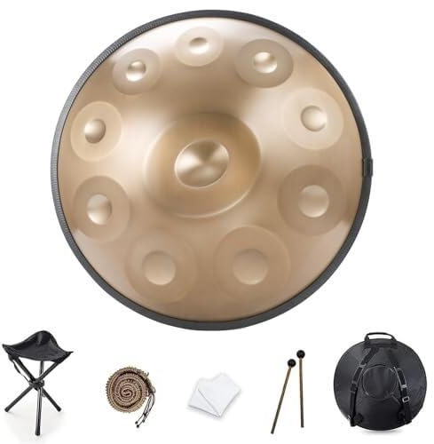 Tamburo Handpan 22 Pollici Acciaio Inox Professionale，9/10/12 Note Re Minore，Accordatura 440Hz，Borsa Supporto & Mazze，Performance Meditazione Yoga(Gold,12)
