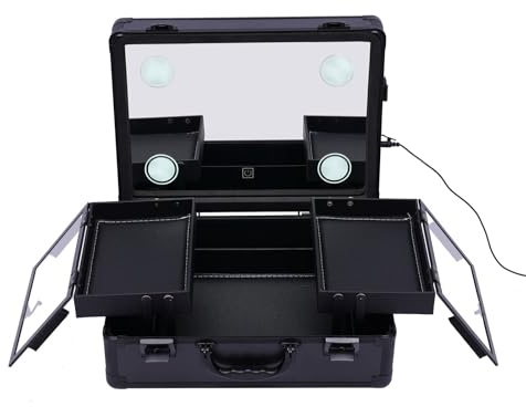 Valigetta per trucchi, 37 x 28 x 16 cm, con specchio, luce LED per la conservazione di cosmetici, ricaricabile – nero