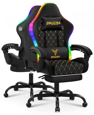 Racingreat RGB/LED Gaming Stuhl mit Lautsprecher und Fußstütze (Schwarz) | RGB/LED PC Stuh mit Footrests, 90°–135° Neigungswinkel Höhenverstellbar, Junge Erwachsene Gamer Büro Pause Familien