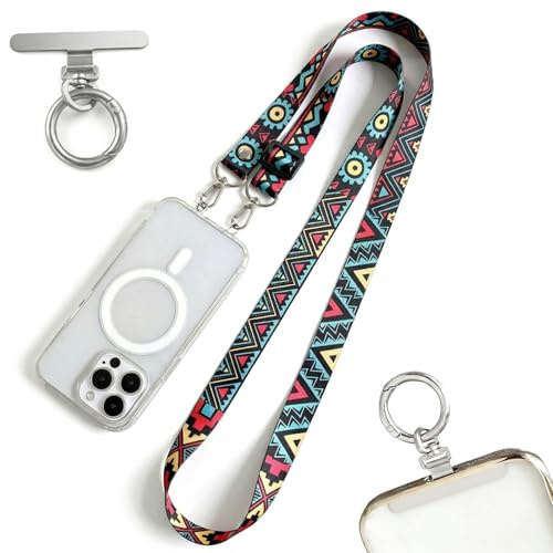 Correa para Móvil Universal y Cuerda para Colgar el Móvil Ajustable con Diseño Maya Tótem, Colgante Móvil con 2 Parches de Acero Inoxidable y Anilla Metálica para Smartphone