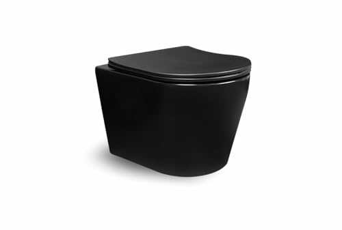 ERFU Wandmontiertes WC mit sanft schließendem WC-Sitz und ultradünnem Deckel, rund, schwimmend, hochwertige Keramik (Mattschwarz)
