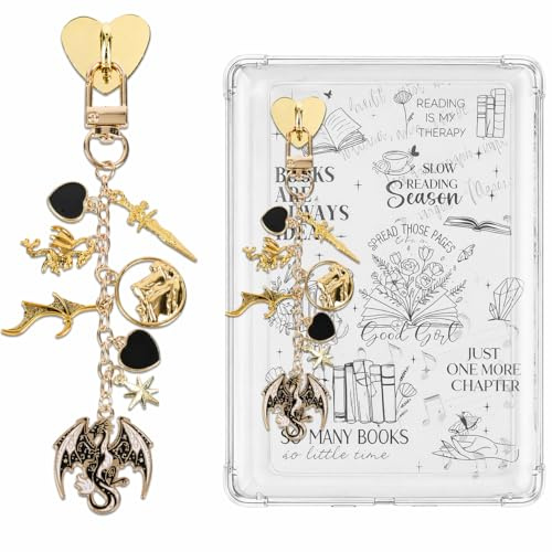 Accessoire Kindle Liseuse, Chaîne Breloque Dragon Vintage Noir et Or, Décoration Élégante pour Liseuse Kindle, Pendentif Charm avec Clip Cœur, Accessoires de rêve & Cadeau Lecteur Adultes et enfants