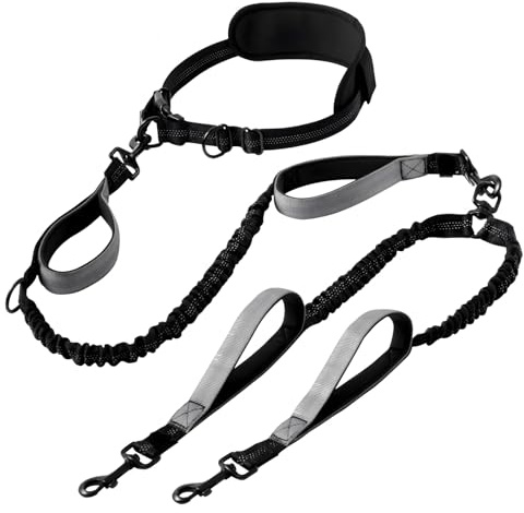 Hundeleine zum Joggen, Spazierengehen, Doppelkopf-Bungee-Laufgürtel, 134,9 cm verstellbarer Hüftgurt, 115,1 cm Doppel-Leine, reflektierendes stoßdämpfendes Design für zwei Hunde