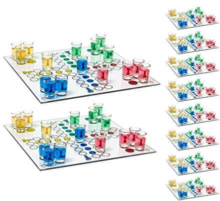 Relaxdays Drinking Ludo Spiel, Partyspiel für Erwachsene, Brett, 2 Würfel & 16 Shotgläser, lustiges Trinkspiel, bunt
