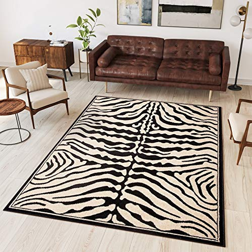 TAPISO Atlas Alfombra Suave de Pelo Corto Resistente Diseño Moderno Piel Animal Negro Crema Alfombra de Salón Habitación Dormitorio Comedor Oeko-Tex 200 x 300 cm