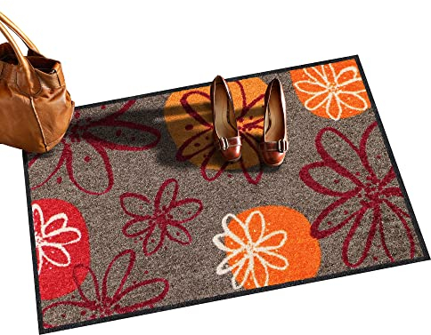 Erwin Müller Fußmatte Koblenz, Schmutzfangmatte, Fußabtreter rutschhemmend, Blumenmotiv braun/rot Größe 40x60 cm - robust, langlebig, pflegeleicht, für Fußbodenheizung geeignet