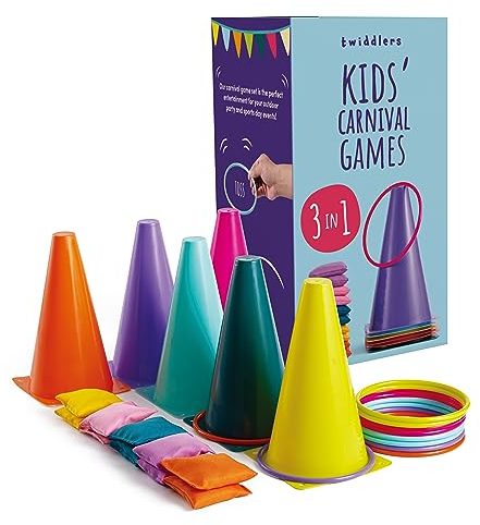 THE TWIDDLERS 3 in 1 Kinderparty Wurfspiele - Ringwurfspiel, Kegel & Sandsäcke - Schule, Kindergeburtstag, Drinnen & Draußen