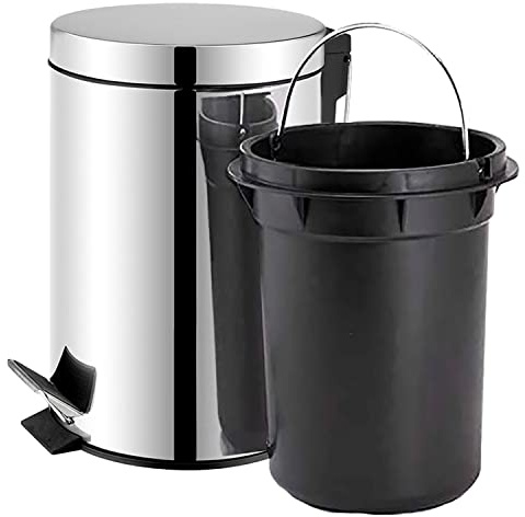 TIENDA EURASIA - Cubo de Basura Cocina | Con Pedal | Acero Inoxidable | Contenedor Interior Extraíble | Acabado Cromado Brillante | Papelera Baño (5L)