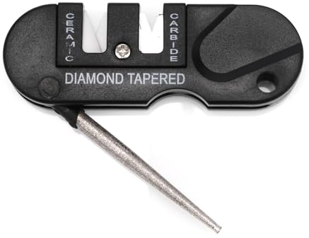 Pocket Knife Sharpener, Multifunction EDC Gear Keychain Foldable Sharpening Stone with 3 Stages Ceramic & Carbide&Diamond Tapered for Survival Hunting Fishing Camping, Black