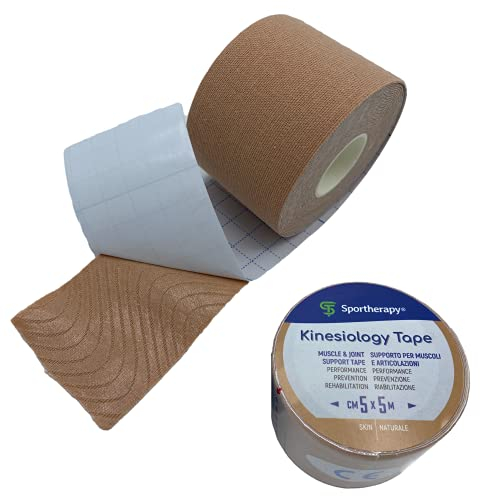 Tape Kinesiologico SPORTHERAPY: Allevia Contratture e Tensioni Muscolari - 90% Cotone, Non Contiene lattice - Certificato Dispositivo Medico | 5CM X 5M (Naturale)