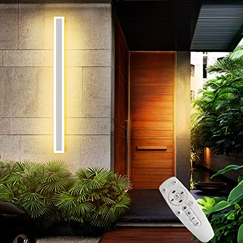 LED Aussen Innen Wandleuchte mit Fernbedienung Dimmbar, IP65 Wasserdichte Weiß Aluminium Rechteck Außenwandleuchte Lang Strip Aussenleuchte Garten Garage Schlafzimmer Wohnzimmer Außenlampe,100cm 56w