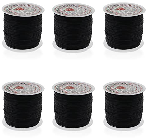 6 Rotoli di Filo Elastico Piatto da 0,8mm per la Creazione di Gioielli, 60m, Elastico per Braccialetto, Cordino Elastico per Perline, Filo Elasticizzato per Collane, Perline Artigianali, Nero