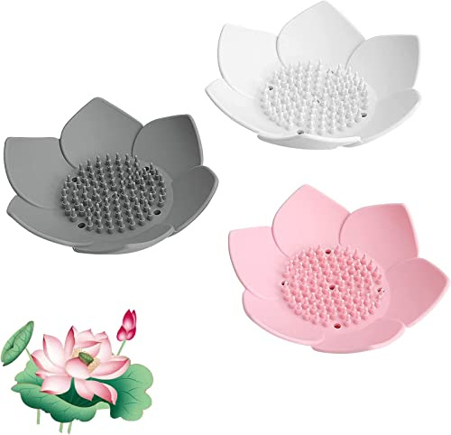 3 Stücke Lotus Seifenschale, Lotusförmige Aus Silikon für Bad, Küche, Duschraum, Waschküche Oder Schlammraum (Weiß, Rosa, Grau)