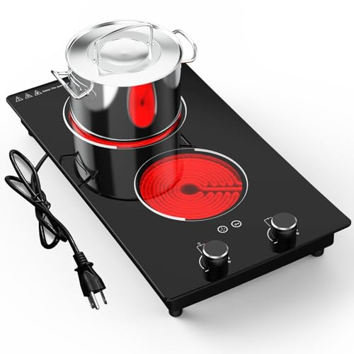 GTKZW 110v Electric Cooktop 2 Burners, 12'' Electric Stove Top with Plug in, Knob Control Countertop & Built-in Ceramic Cooktop, 9 Power Levels, Child Lock, Timer, Over-Heat Protection