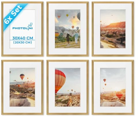 PHOTOLINI Bilderrahmen 30x40 Holz MDF Gold, 6er Set Bilderrahmen 40x30 cm mit Passepartout, bruchsicheres Acrylglas, Rahmen 30 x 40 zum Aufhängen, extra Zubehör - Rahmen 30x40 Gold für Fotos & Poster