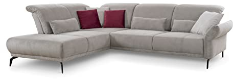 CAVADORE Ecksofa Cooper / Luftige Eckcouch mit Ottomane links, schwarzen Metallfüßen und feinem Cord-Bezug / 294 x 88 x 242 / Cord, Hellgrau