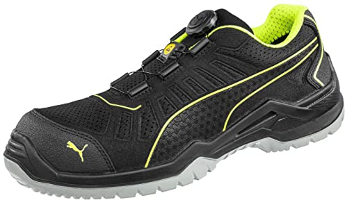 PUMA SAFETY FUSE TC GREEN LOW arbetssko säkerhetssko S1P ESD SRC glasfiberlock penetrationsskydd halkfri vegansk lätt män, Svart grön skiva, 49 EU