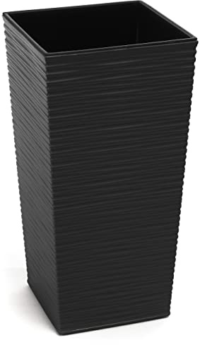Tymar Vaso per fiori, in plastica, grande, quadrato, alto, effetto scalpello, giardino, balcone, terrazza, casa (nero, altezza 30 x 30 cm)
