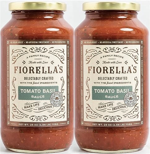 Fiorella's Tomato Basil Pasta Sauce - Tomato Sauce Made with Fresh Ingredients - Seed Oil Free, No Sugar Added, Vegan, Gluten Free, No Preservatives Added, Reduced Sodium, Pasta Sauce, 25 Oz (Pack of 2)