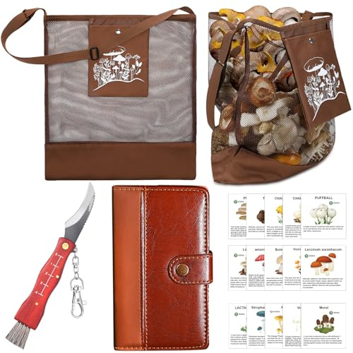 Seajan 18 Pcs Mushroom Foraging Kit Includes Hunting Bag, Mushroom Knife Brush Guide Cards and Notebook for Harvesting Mushroom(Brown)