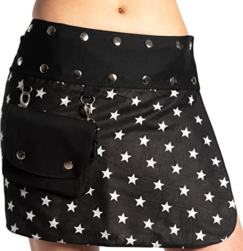 Damen Minirock aus Indien mit Tasche und 2 Mustern zum Wenden, Sommerrock kurz, Wenderock, Wickelrock Goa Gypsy Hüftschmeichler Rock - mit 18 Nieten Druckknöpfen, flexibel - Diverse Designs