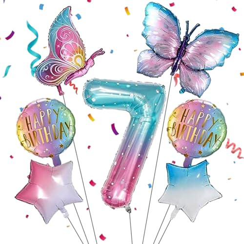7Pcs schmetterling ballon,schmetterling deko geburtstag 7,schmetterling luftballon 7,geburtstag deko 7 jahre mädchen,geeignet für Mädchen-Geburtstagsparty-Dekoration, Themenparty Dekoration