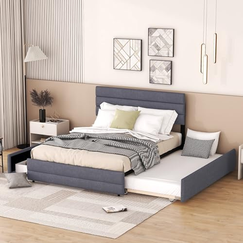 Moimhear Cama doble de plataforma con dos cajones con ruedas, 140 x 200 cm, para dos personas, gris
