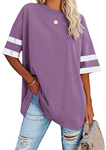 Ebifin Maglietta da donna oversize, scollo rotondo, a maniche corte, casual, casual, casual, estiva.