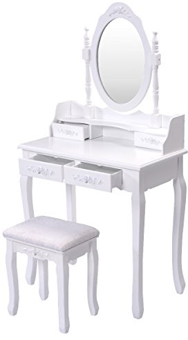 HOMASIS Schminktisch mit Hocker Set, Frisiertisch mit 360° drehbarem Spiegel abnehmbar, gepolsterter Schminkstuhl, Kosmetiktisch mit Schubladen für Schlafzimmer & Wohnzimmer, Weiß (4 Schubladen)