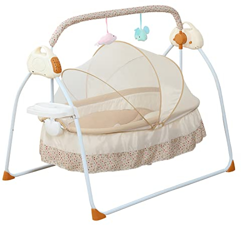 HPDTZ Hängematte, Babywippe, Tragbare Babyschaukel für 0-18 Monate, mit Moskitonetz und Spielzeugregal, 5 Geschwindigkeiten Einstellbar, 12 Musikstücke, Fernbedienung, Faltbar und Waschbar (Khaki)
