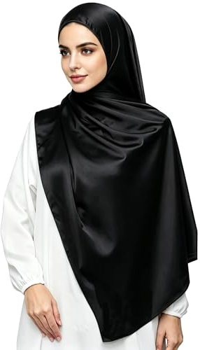 Lina & Lily Lyxig satäng hijab huvudscarf sjal för muslimska kvinnor extra lång, Svart, one size