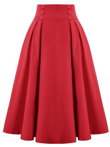 Falda Midi a Cuadros para Mujer Falda Plisada de Cintura Alta con Bolsillos Falda Elegante Acampanada con Cintura elástica en Forma de A-Rojo-L