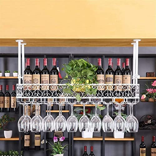 IBOWZ Deckenverzierung Deckenregal Decken-Weinregal, Höhenverstellbar, industrieller Weinflaschenhalter aus Metall, weißer Stielglashalter, dekoratives Aufbewahrungsregal für Restaurants/Bars/Zuhause