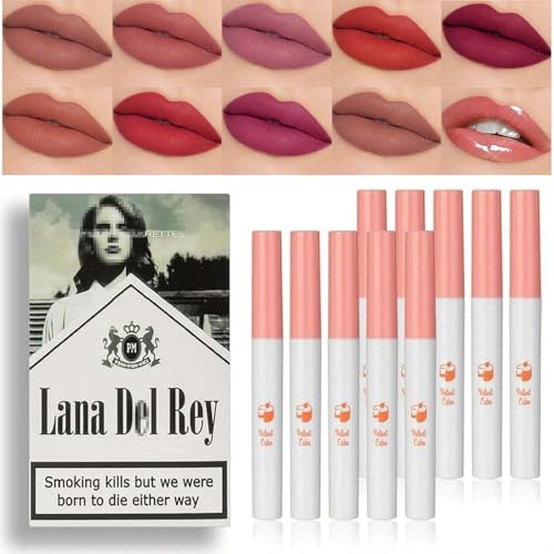 Lana Lipgloss Set, 10 Farben Lippenstift Set, Matte Lipgloss Hochpigmentierter Samt, Lippen Makeup Set Langanhaltende & Wasserfest, Rosa Rot Nude Lipstick für Frauen & Mädchen