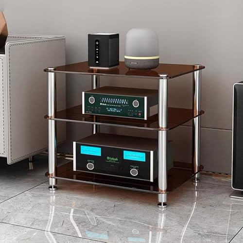 GUAWJRZDP Mehrstufiger Audio Rack Hi Fi Regal, Hi Fi Rack Aus Gehärtetem Glas, Offenes Phonoschrank, Hi Fi Regal Mit Stoßdämpfendem Design, Plattenspieler Regal for Wohnzimmer(Brown,3-Tier)