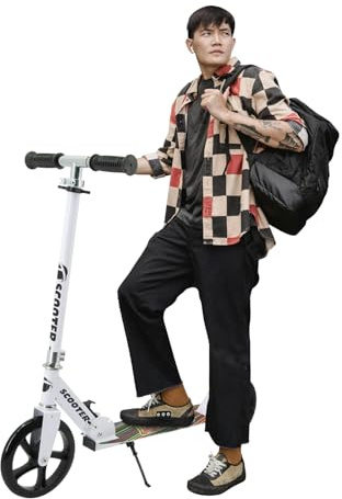 Hyiatyo Foldable Kick Scooter for Kids 8-12 Teens Adults, 200mm Big Wheels, Adjustable Handlebar 88-99cm, Lightweight Aluminium, Rear Brake, Max Load 100kg (White)