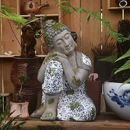 OLSKFUH Gartenskulptur Bauernhaus Zen Buddha Statue Dekoration Imitation Blau und Weiß Porzellan Schlafende Buddha Skulptur Terrasse Garten Dekoration Gartenarbeit