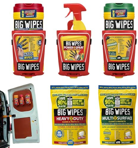 The Big Wipes Van System, All-in-1 Regal-Dosier- und Reinigungssystem, einfache Befestigung, Van montierbar, komplettes Set, reinigt Oberflächen, Werkzeuge und Hände, Industrietücher + Power-Spray + 3