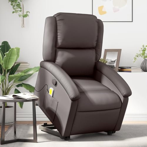 Homgoday Massagesessel mit Aufstehhilfe, Aufstehsessel Fernsehsessel Relaxsessel mit Liegefunktion, Seniorensessel Ruhesessel TV Sessel Liegesessel für Wohnzimmer Dunkelbraun Echtleder