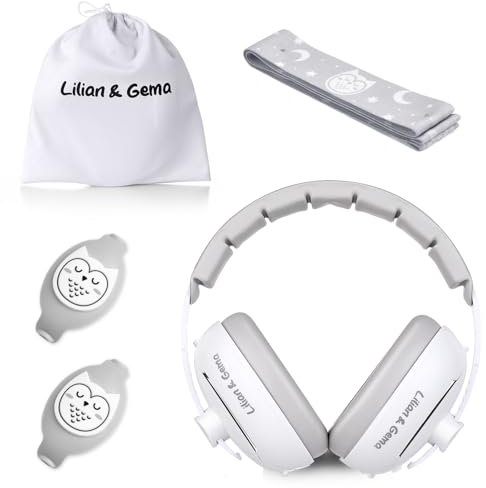 Lilian&Gema Gehörschutz Baby - 2 in 1 Kopfhörer Baby Lärmschutz 25dB Kinder Ohrenschützer Lärm Verstellbares Kopfband Kopfhörer Lärmschutz für Babys bis 48 Monate Hörschutz Kinder Grau Eulen