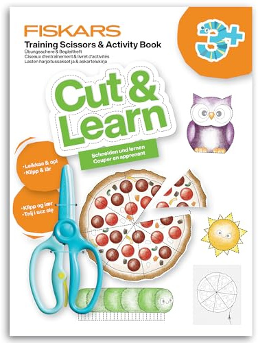 Fiskars Tijeras de Entrenamiento y Libro de Manualidades con Consejos y Trucos, A partir de 3 años, Para Diestros y Zurdos, Plástico/Metal, Azul, 1077663