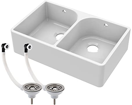 Balterley 795mm Belfast Kitchen Sink White Double Bowl with Full Weir and 2 Wastes with Overflow, Durable Durable Fireclay Belfast Ceramic Kitchen Sink Bowl - 795 x 500 x 220mm (White)
