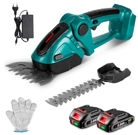 ONEVAN Akku Strauch und Grasschere, 2-in-1 Kleine Heckenschere Elektrisch Gartenschere 90° Verstellbarer Kopfwinkel, Kabellose Heckenschneider Garten Rasen (2 x 2.0Ah Akkus)