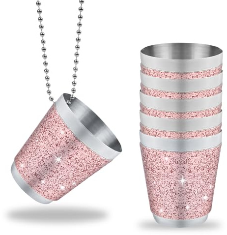 TYBYBB Schnapsglaser zum Umhängen 6 Stück Schnapsbecher Edelstahl mit Kette | 3 CL Schnapsgläser Edelstahl mit Kette Rosa, für Brautparty Hochzeitsfeiern Junggesellenabschiede Karneval