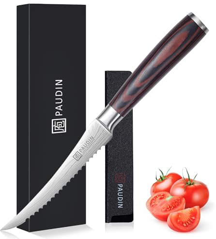 PAUDIN Tomatenmesser 13 CM, Professionelles Küchenmesser für Tomaten, Messer für weiches Obst und Gemüse, Anti-Haft frühstücksmesser, buttermesser mit Scharfes Klinge und Ergonomischer Holzgriff