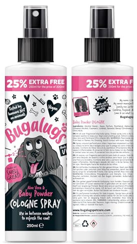 Bugalugs Dog Perfume Spray with Aloe Vera & Baby Powder Cologne great Pet Odour Eliminator Deodorant Spray for Smelly Dogs can use as Dry Shampoo