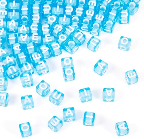 PandaHall Quadratische Vokal-Buchstaben-Perlen, Würfel, 7 mm, Blau, Alphabet-Perlen, A/E/I/O/U, Anfangsbuchstaben, Vokale für Freundschaftsarmbänder, Halsketten, Schmuckherstellung, 100 Stück